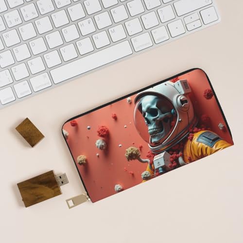 Cool Orange Astronaut Skull Print Wallet Women, Leather Bifold Multi Card Wallet, Long Purse Women's Wallets 5