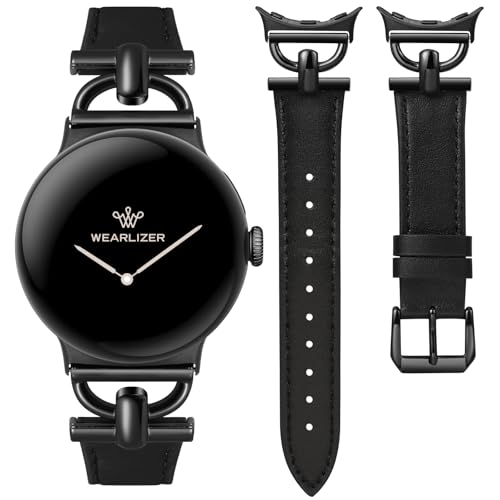 Image of Wearlizer Leather Bands Compatible with Google Pixel Watch 4 /3 41mm /Pixel Watch 2 /1 Band Women, Dressy Designer Slim Leather Strap with D-Shape Metal Buckle for Pixel Smartwatch Accessories