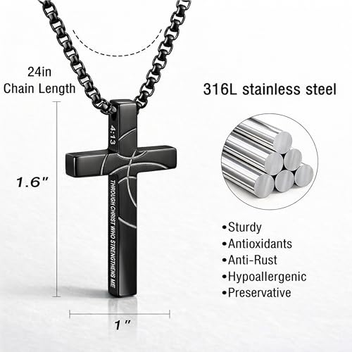 Cizavanta Basketball Bible Verse Cross Necklace with Wallet Card Gift Box for Son, Grandson & Dad, 316L Stainless Steel Pendant Chain, Father's Day Birthday Easter Christmas Graduation Jewelry Gifts by Cizavanta - Used condition - Image 3