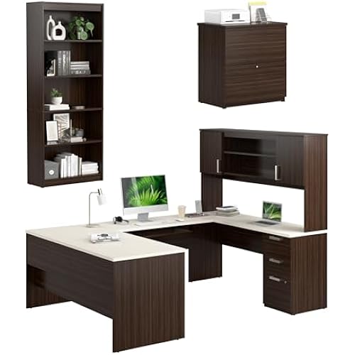Bestar, Ridgeley Collection, 3-Piece Set Including a U-Shaped Desk with Hutch, a Lateral File Cabinet, and a Bookcase