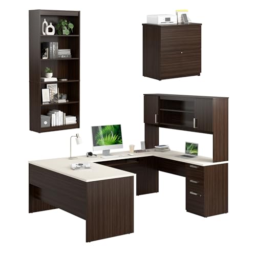 Bestar, Ridgeley Collection, 3-Piece Set Including a U-Shaped Desk with Hutch, a Lateral File Cabinet, and a Bookcase