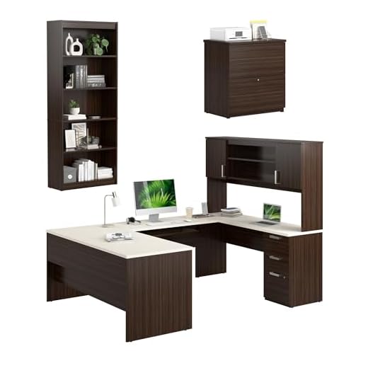 Bestar Ridgeley Executive Computer Desk with Hutch, a lateral File Cabinet, and a Bookcase, White Chocolate