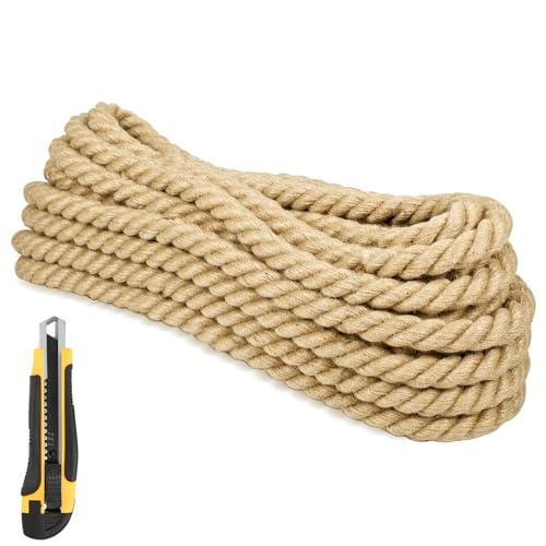 Cuerda de yute de 20 mm, 10 m, 4 hebras, cuerda decorativa natural, cuerda de yute gruesa, cuerda de obstáculos, cuerda trenzada, cuerda de jardín para decoración interior y exterior, decoración de