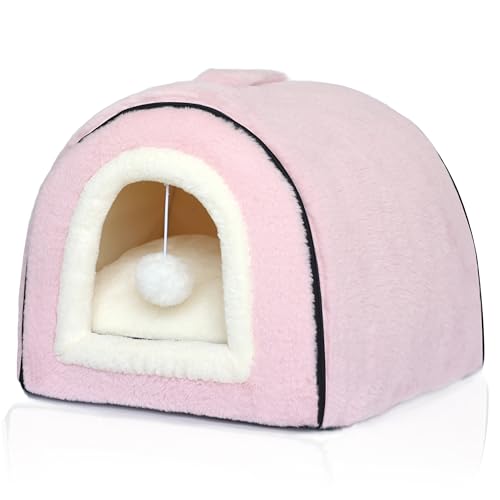 Image of Cat Bed for Indoor Cats,Foldable cat cave,Anti-Slip & Water-Resistant Bottom,cat Houses for Indoor Cats or Small Dogs, Kitten Tent, Rabbit Bed,2 in 1 pet Bed (Pink)