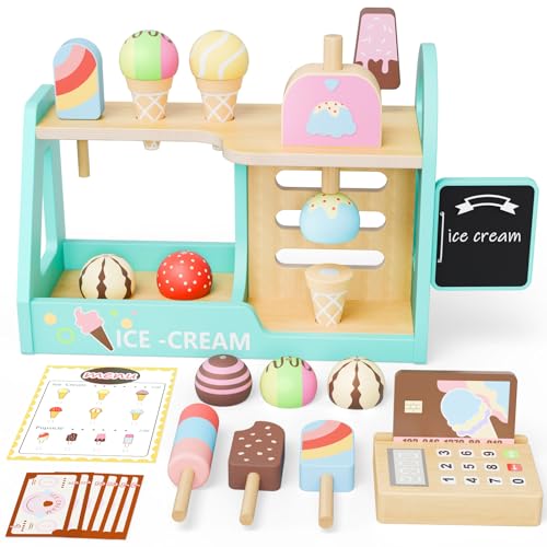 Magasin de Glace en Bois pour Enfants - Jouet en Bois - Comptoir à Glace - Jouet en Bois pour Fille de 3, 4, 5, 6 Ans - Accessoires de Cuisine pour Enfants - Jouet Montessori en Bois - Cadeau pour
