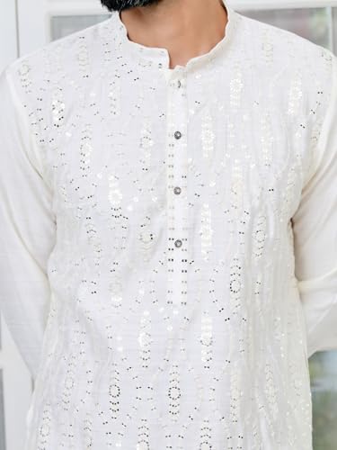 Image of See Designs Men's Full Sleeve Mandarin Collar Ethnic Motifs Embroidered Sequinned Mandarin Collar Straight Long Kurta with Pyjama - Festive Collection