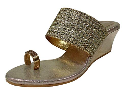 Stop n Style Gold Ethic Sandal Traditional Indian Shoes Handmade Wedge Heel Ladies