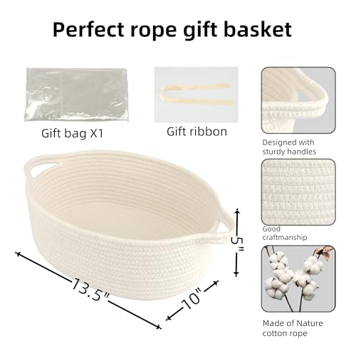 Image of Baby Gifts Basket Empty with Gifts Bag and Ribbon13 inchx10 inchx5 inch Cute Baskets to Fill Easter Basket Small Woven Cotton Rope Basket Baby Toy Baske(white, large)