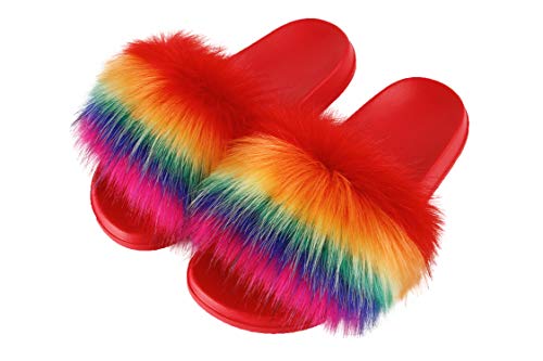 Image of Hangrui Women's Faux Fur Slides, Open Toe Cute Fluffy Slippers, Comfortable Furry Sandals