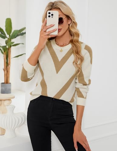 Image of Libsorge Womens Dressy Casual Color Block Striped Sweater Fall 2025 Trendy Outfits Lightweight Ribbed Knit Pullover Top
