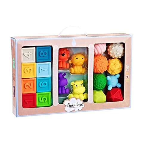 Baby Spielzeug Montessori ab 1 2 3 4 6 Jahre 8 9 Monate Junge Mädchen Motorik Badespielzeug Greifball Sensorik Babybälle Weiche Bausteine Farben Lernen Sortieren für Kinder KleinkindSäugling BPA Frei Cover