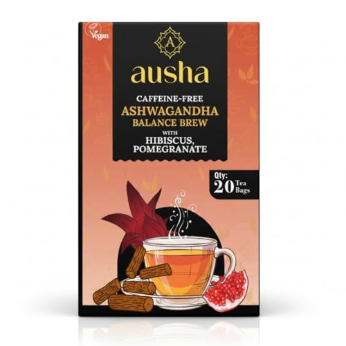 Ausha Ashwagandha Tea 20 Bags with Hibiscus Licorice Pomegranate - For Energy Increase Stress and Anxiety Relief Wellbeing - Ashwagandha Harmony Tea - Eco Friendly Sustainable Packaging