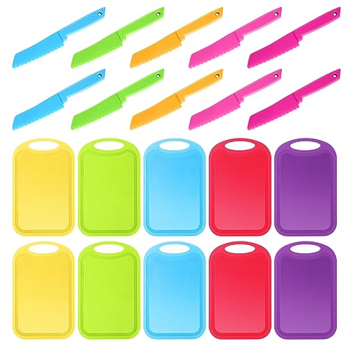 Yinkin 20 Pcs Kids Plastic Knife Set with Cutting Board Toddler Knife Tools, Including 10 Child Safe Knife 10 Kids Chopping Board Kids Cooking Utensils for Cooking Club, Preschool (Fresh,Classic)