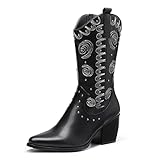 DREAM PAIRS Women's Comfortable Western Boots Waterproof Cowboy Cowgirl Pull-on Mid Calf Boots Stylish and Beautiful Party Dressing Boots for Ladies,Size 6,Black,SDMB2207W