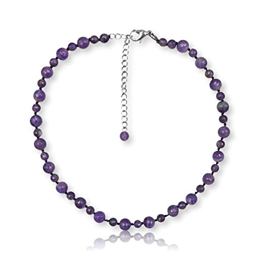 Beaded Semi Precious Stone Genuine Amathyst Collar or Choker Necklace for Women or Girls, 14.50  Long with 3  Extender.