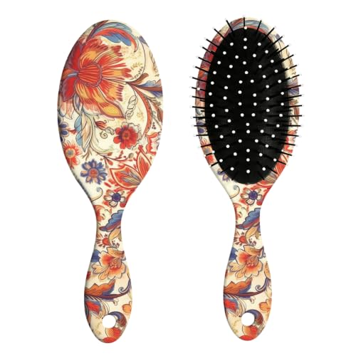 Brosse à cheveux QIUPINGLI démêlante, soies douces, motif floral rouge et bleu