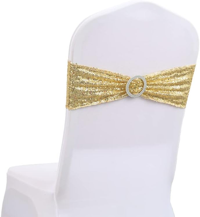 10pcs Shiny Sequin Chair Ribbon Sash Stretch Glitter Chair Sash Band Knotted with Round Buckle for Hotel Party Wedding Pink 10pcs (T Blue 10pcs)