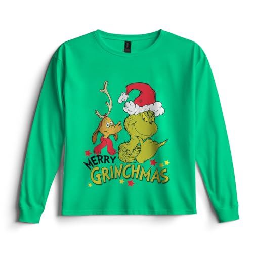 Dr. Seuss The Grinch Merry Grinchmas Boy's Christmas T-Shirt - Crewneck Pullover Long Sleeve Holiday Tee for Kids (Green, Size 4/5)