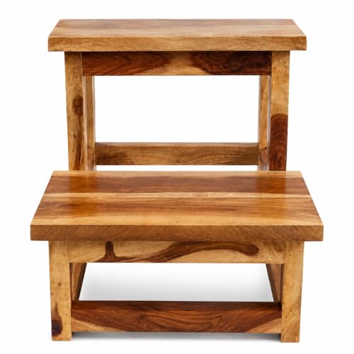 Image of Solid Sheesham Wood Stool for Kitchen Wooden Two Step Ladder Foot Rest Stair for Living Room Kitchen /Library /Store (48x40x37.5 cm Weight Capacity 200 kg)