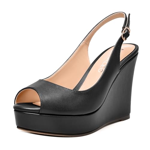 NUMALEO Womens Evening Slingback Buckle Platform Sexy Peep Toe Matte Fashion Wedge High Heel Pumps Shoes 4 Inch