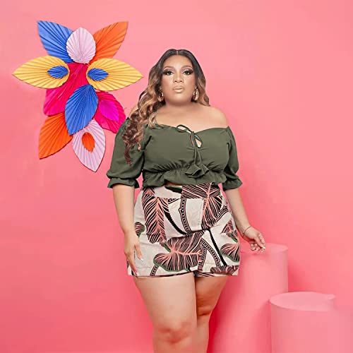 Image of Women Plus Size Skirt Two Piece Outfit Short Sleeve Off The Shoulder Crop Top shorts Dress Suit Set