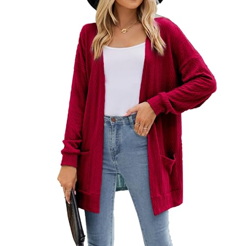 Women's 2024 Fall Open Front Long Cardigan Batwing Sleeve Chunky Knit Sweater Loose Outerwear Coats with Pockets (Medium,Red)