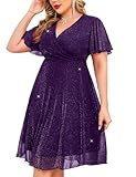ZOMVA Plus Size Sparkly Mesh Dress A Line Ruffle Sleeve V Neck Wrap Short Glitter Dresses Wedding Guest Cocktail Party, Dark Purple, 4X