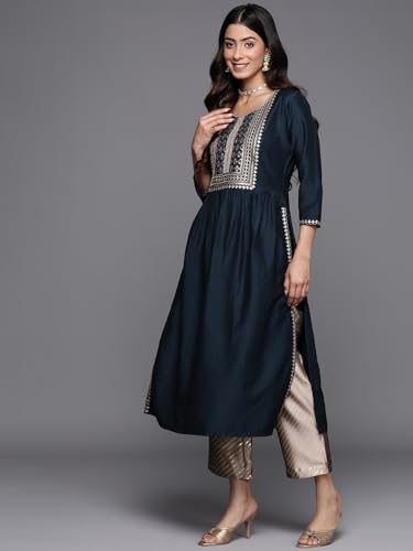 Image of Libas Women's Embellished Silk A-Line Kurta