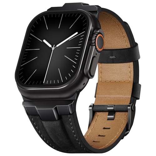 Image of Leather bands Compatible With Apple Watch Ultra Band 49mm 46mm 45mm 44mm 42mm, Superior Genuine Leather Rugged Metal Connector Durable Strap for Men iWatch Ultra3 2 1,Series 11 10 9 8 7 6 5 4 3 SE3 SE
