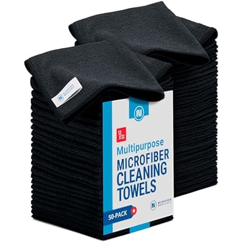 12" x 12" Microfiber Cleaning Cloths (50 Pack) - Reusable Towels, Wash Rags, Dust Cloth, All-Purpose: Kitchen, Dish, Cars, Shop, Glass (Black) Cover