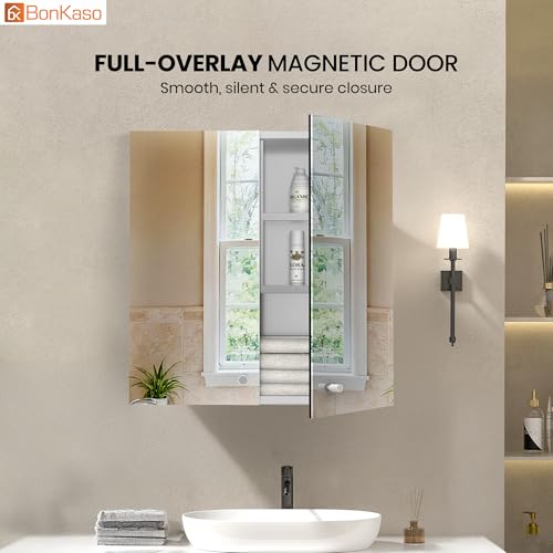 Image of BonKaso Premium SS 304 Bathroom Mirror Cabinet | Wall-Mounted Stainless Steel Storage Cabinet with Frameless Mirror (18x18 Inch, Chrome Finish)