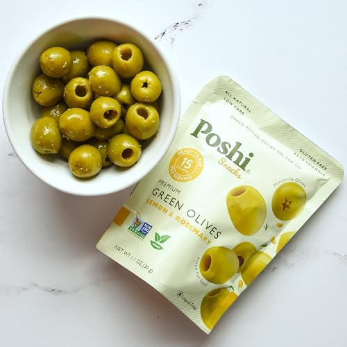 Image of Poshi Green Pitted Olives | Lemon & Rosemary | Vegan, Kosher, Gluten Free + Keto Friendly, Fresh, All Natural Low Calorie Healthy Snacks | (30 Pack, 1.1oz Bags)