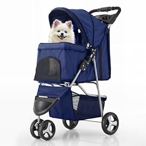 MoNiBloom 3 Wheels Pet Stroller, Foldable Dog Cat Cage Jogger Stroller with Weather Cover for All-Season, Storage Basket and Cup Holder, Breathable and Visible Mesh for Small/Medium Pets, Blue