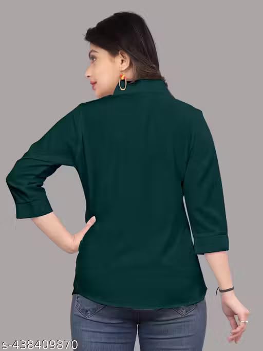 Image of Women's Cotton Blend Solid Formal Shirt with 3 /4 Sleeves-Navy Blue P4