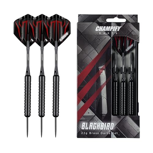 Champify® Brass Darts Set „Blackbird“ – 3 Dartpfeile mit 23g Barrel & Stahlspitze | inkl. 6 Alu-Schäfte, Flights & Zubehör | Präzise Steel Darts in Stealth-Optik für Anfänger & Profis | Dartpfeile Set