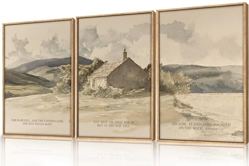 FWIEXA Christian Bible Verse Framed Canvas Wall Art Set, 3 Piece Easter Jesus Scripture Wall Decor, Religious Inspirational Quotes Art Prints, 16x24 Inches Vintage Neutral Biblical for Prayer, Bedroom, Living Room