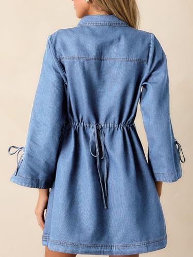 Image of Womens Denim Shirt Dress Collared V Neck Bell Long Sleeve Mini Casual A-line Jean Dresses with Bow