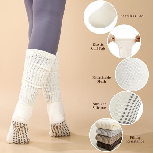 Jspupifip 4 Pairs Pilates Socks with Grips for Women, Long Slouch Non Slip Yoga Scrunch Socks for Barre Hospital Workout3