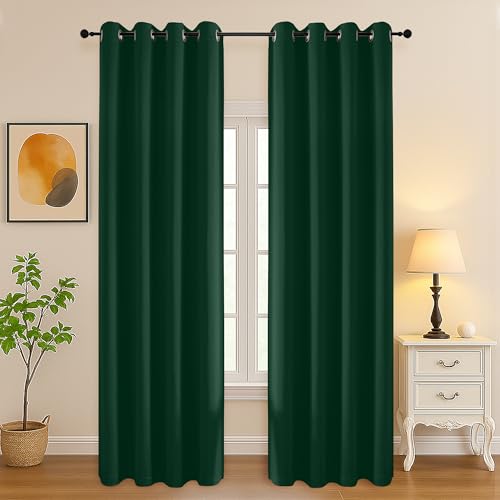 Image of Simplebrand Ever Green Curtains for Bedroom Living Room 96 Inches Long 2 Panels Set, Room Darkening Thermal Insulated Curtains & Drapes, Solid Grommet Noise Reducing Window Treatment, W50 x L96 Inch