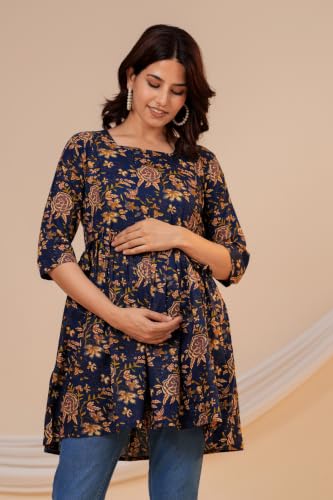 Image of THE Moon Star Women's Cotton Floral Printed Anarkali Maternity Feeding Kurti | Breastfeeding Dress for Mothers | Zipper Feeding Kurti, Nursing Kurti, Comfortable and Trendy Maternity Wear