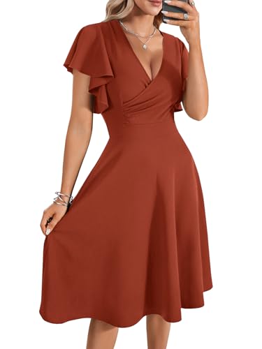 Image of LYANER Women's Warp V Neck Ruffle Short Sleeve A Line Swing Flared Cocktail Party Midi Dress