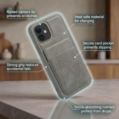 Image of amazon basics Premium Vegan Leather Back Cover with Card Holder and Integrated Mobile Stand for iPhone 11 - Slim Shockproof Wallet Case with Geometric Stitching [Gray]