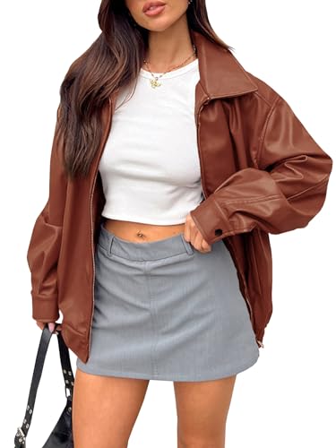 Women Vintage Oversized Leather Bomber Jackets Zip Up Motorcycle Jacket Biker Coat Cool Outfits Coat