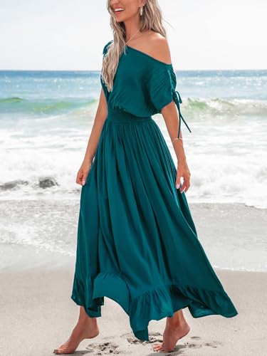 CUPSHE Women's Maxi Dresses Casual Summer Sundress Sleeveless Smocked One Shoulder Ruffled Long Beach Formal Dress2