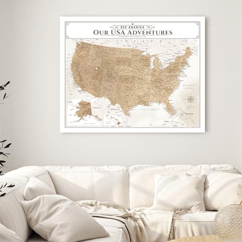 Image of IPIC - Vintage US Map for Travel, Pin Board Canvas Wall Art, Travel Map with Pins Included, Ready to Hang for Home or Office, 30x24 Inch