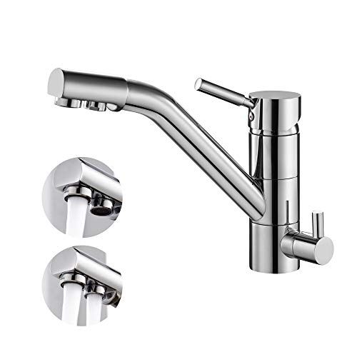 Grosofi Rubinetto 3 Vie, Rubinetto per Cucina a Tre vie per Sistemi Osmosi, Miscelatore Rubinetto 360 °Girevole in Ottone Cromo Senza Piombo per Acqua Fredda e Calda (G 3 8) - A