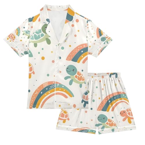 senya Turtle Rainbow Satin Summer Pajama Sets Silk Short Sleeve Button Down Sleepwear