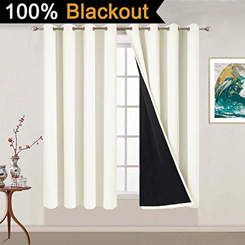 Image of Yakamok 100% Blackout Curtains 54 Inches Long, 2 Thick Layers Thermal Insulated Curtain Panels for Bedroom, Full Light Blocking Drapes with Black Liner (52 inch Wide Each Panel, Cream, 2 Panels)