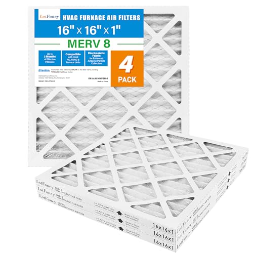 LotFancy 16x16x1 Air Filter MERV 8 4-Pack, Electrostatic Pleated Furnace & AC Filter, Captures Dust, Pet Hair, Pollen, Actual Size: 15.75'x15.75'x0.75'