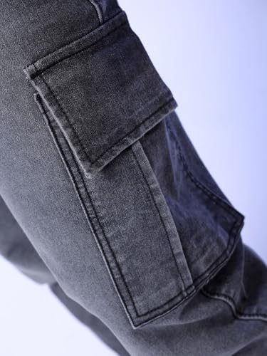 Image of The Indian Garage Co Men Regular Fit Solid Mid-Rise Stretchable Denim Cargo Joggers